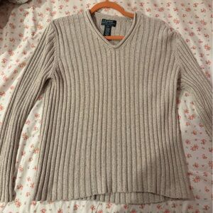 ralph lauren taupe v neck ribbed sweater